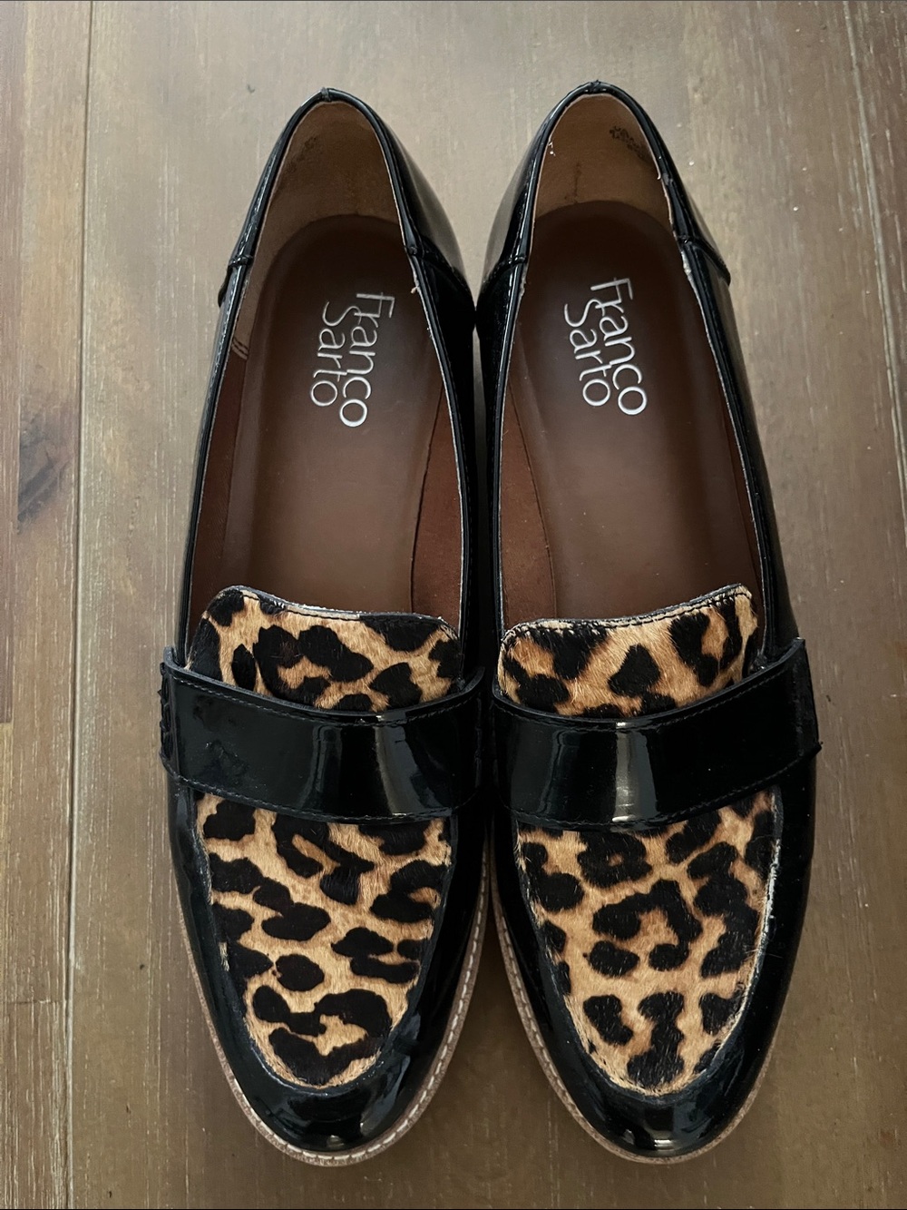 Franco Sarto Black Patent Loafers with Leopard Print Vamp NEW